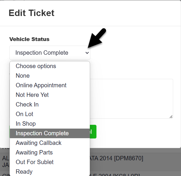 Vehicle status dropdown