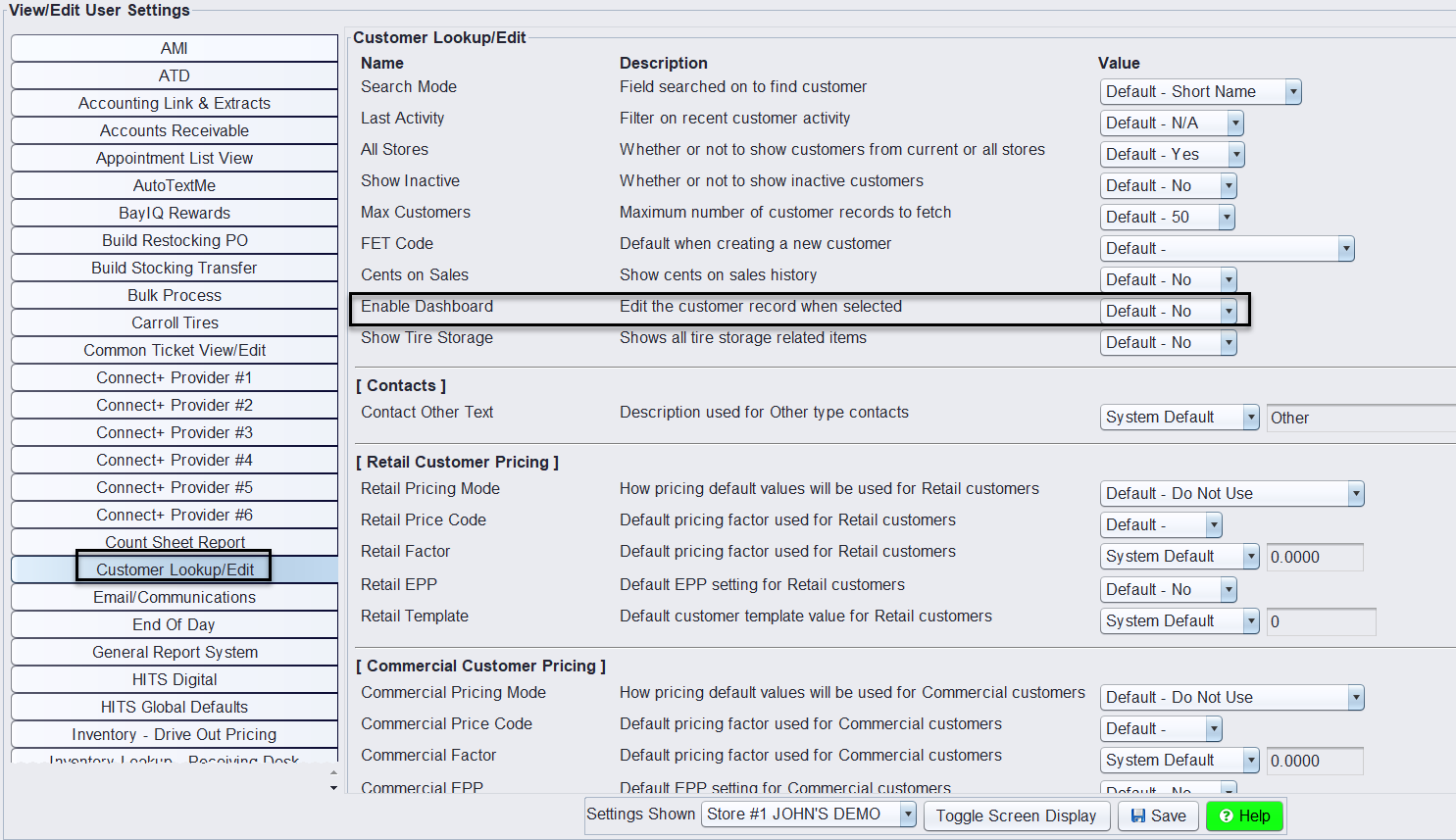 Vehicle Lookup/Edit default settings - Enable Dashboard