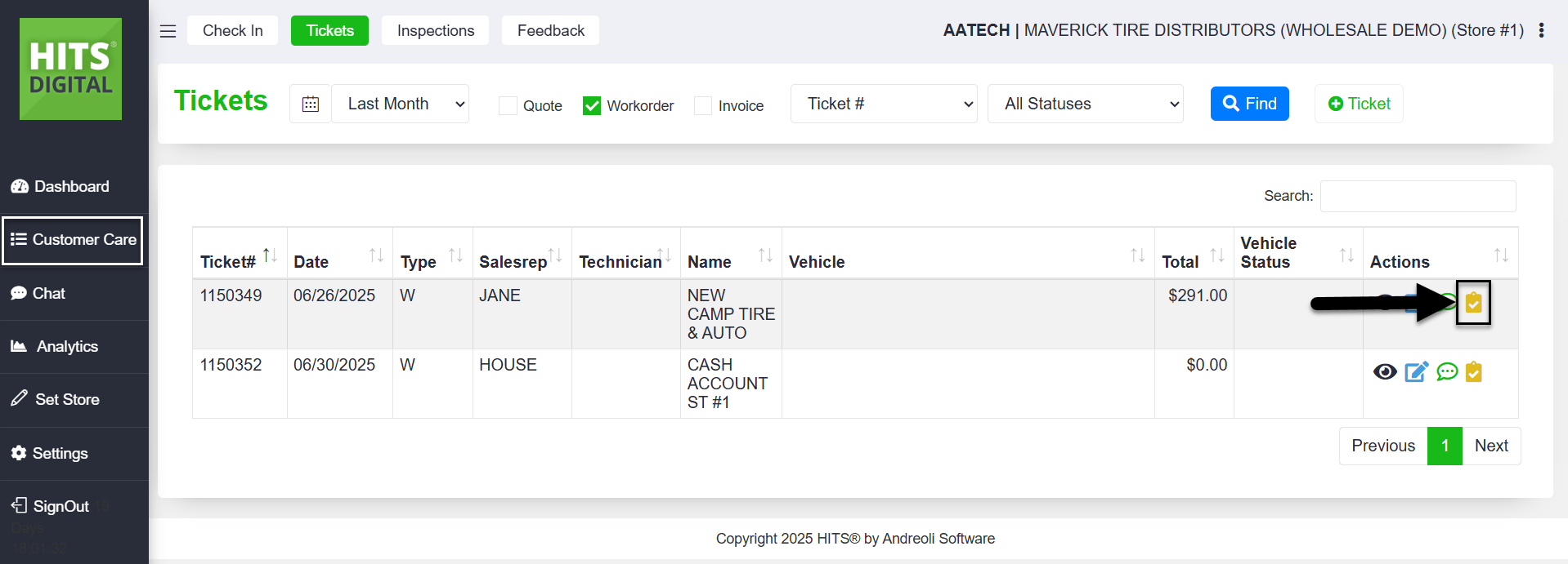 Tickets tab in HITS Digital