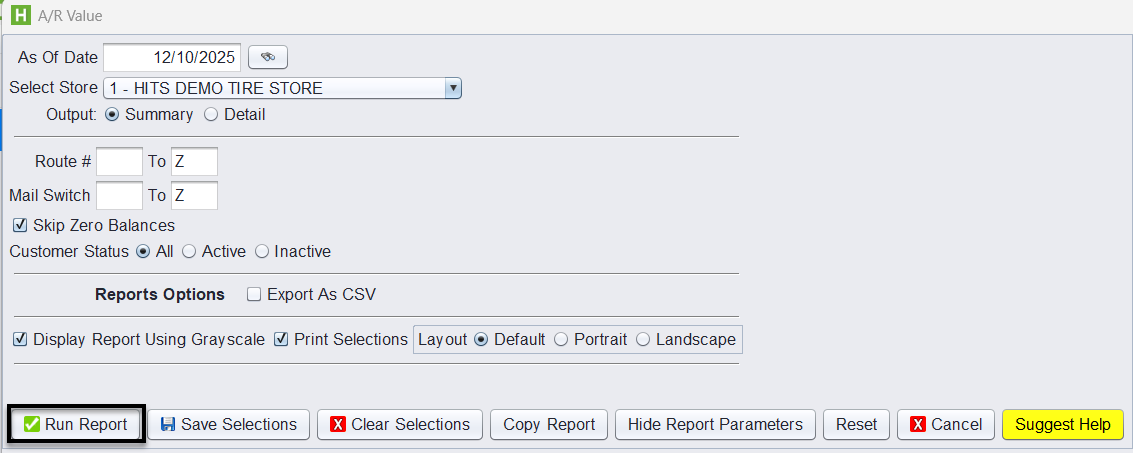 A/R Value report run screen