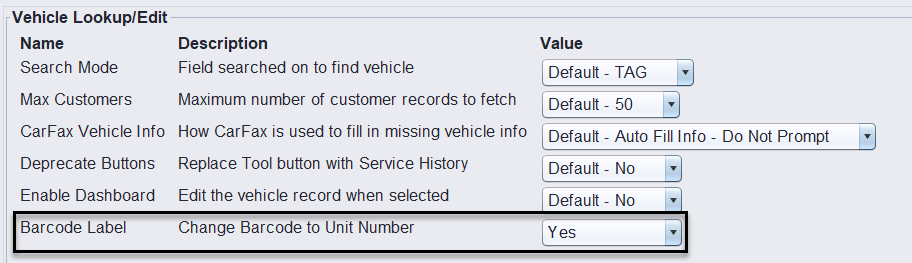 Vehicle setting: Change Barcode to Unit Number
