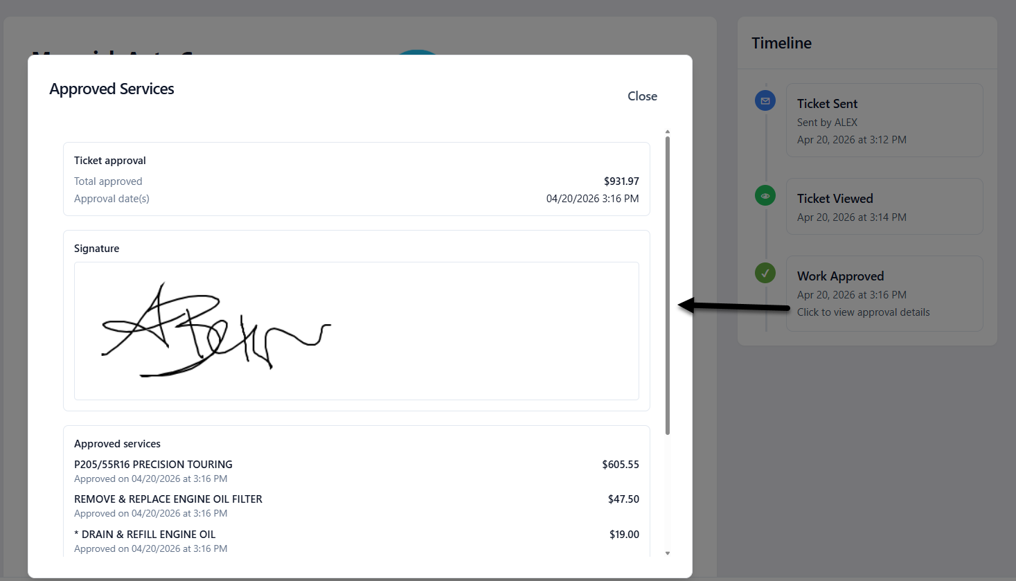 Advisor view of work approved with signature