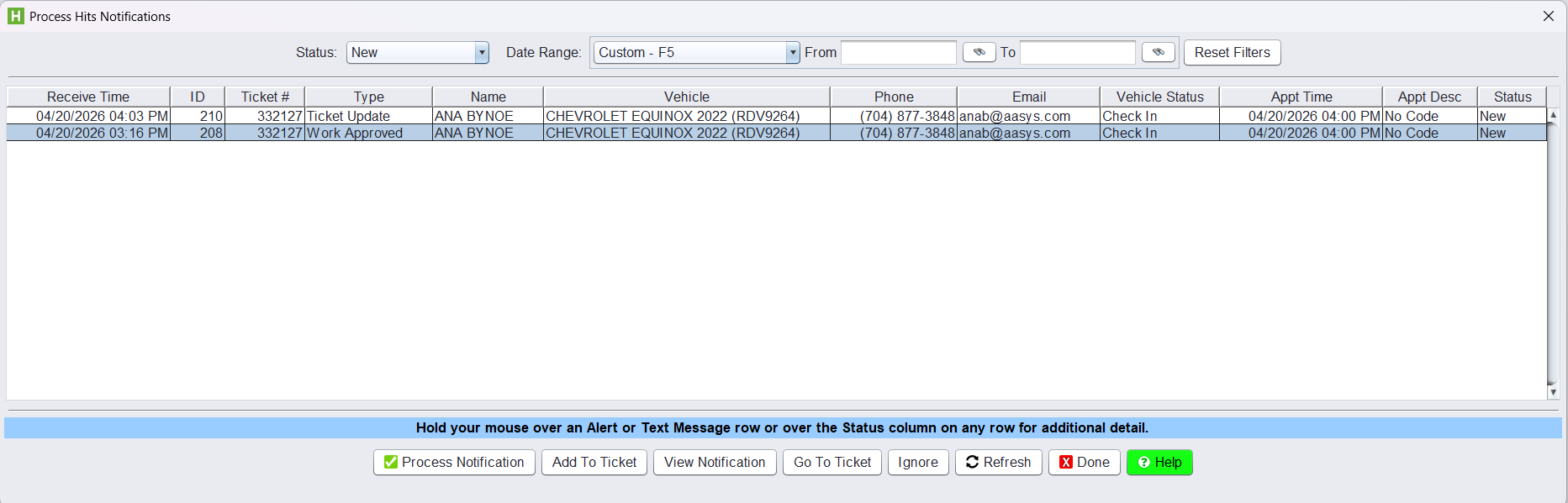 HITS Process Notifications showing work approved