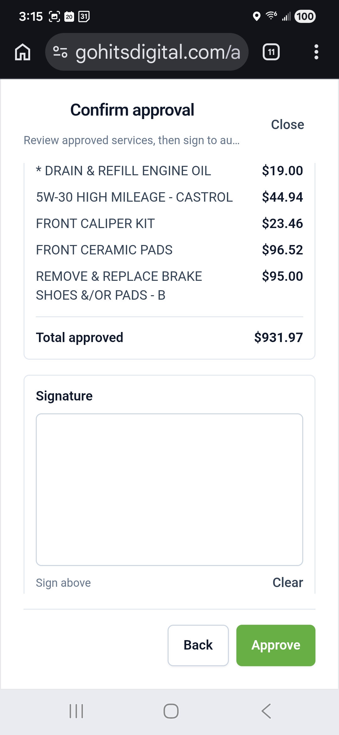 Customer signs workorder approval on mobile device