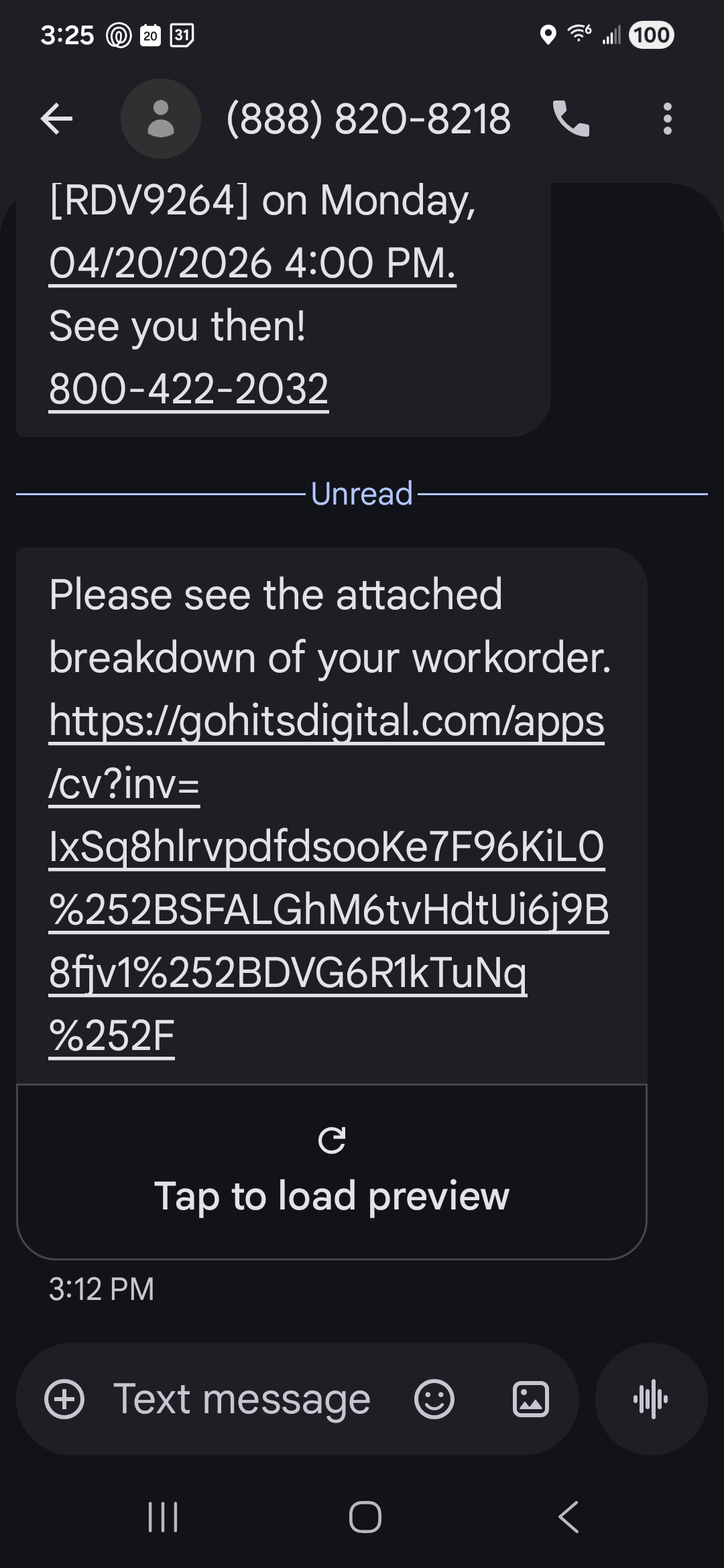 Customer receives workorder approval text message