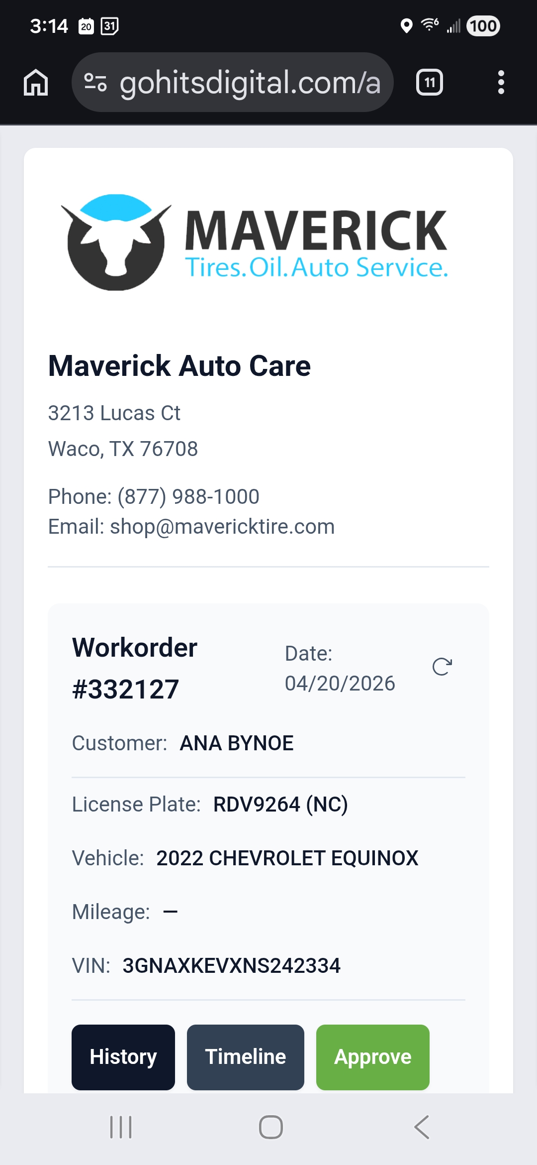 Customer views workorder for approval on mobile device